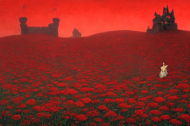 Image similar to only with red, red flowers of different types, a red tiger, a castle in the background, medieval demons dance over the flowers, an ancient path, in the style of beksinski, part by hopper, part by rodcenko, part by hofbauer, intricate composition, red by caravaggio, insanely quality, highly detailed, masterpiece, red light, artstation