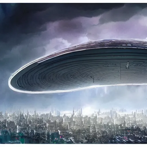 Prompt: wide shot of a near-future city with dark thick storm clouds in the sky. A colossal giant ring-shaped spaceship is launching. The massive huge ring spaceship is encircling the entire city. sci-fi concept art for a short film