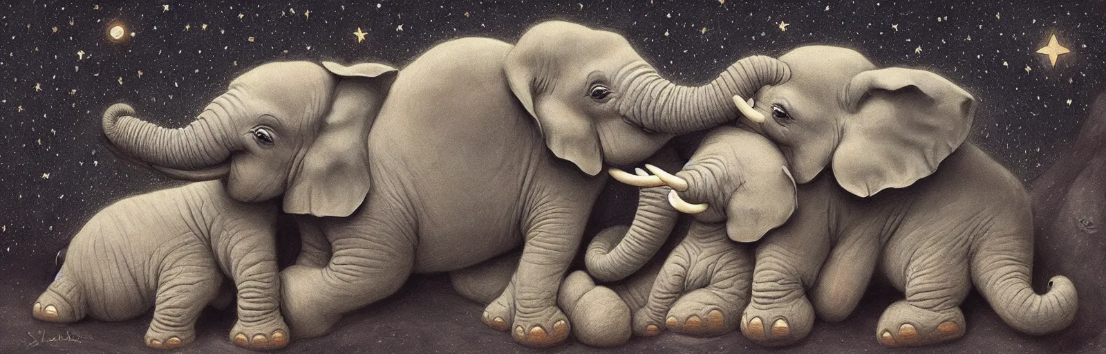 Prompt: a baby elephant sleeping soundly under a starry sky surrounded by savannah, illustration, detailed, smooth, soft, warm, by Adolf Lachman, Shaun Tan, Surrealism