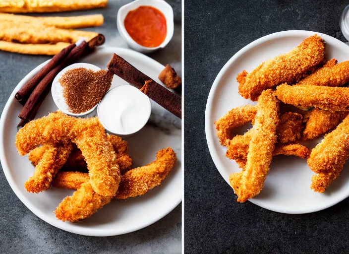 Image similar to dslr food photograph of churro chicken tenders sprinkled with cinnamon, 8 5 mm f 1. 8