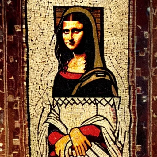 Prompt: a beautiful roman mosaic of the mona lisa painted on the floor of an early church, 1 0 0 ad, rome