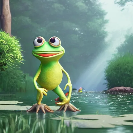 Prompt: a wholesome animation key shot of pepe the frog fishing in a pond, medium shot, studio ghibli, pixar and disney animation, sharp, rendered in unreal engine 5, anime key art by greg rutkowski, bloom, dramatic lighting