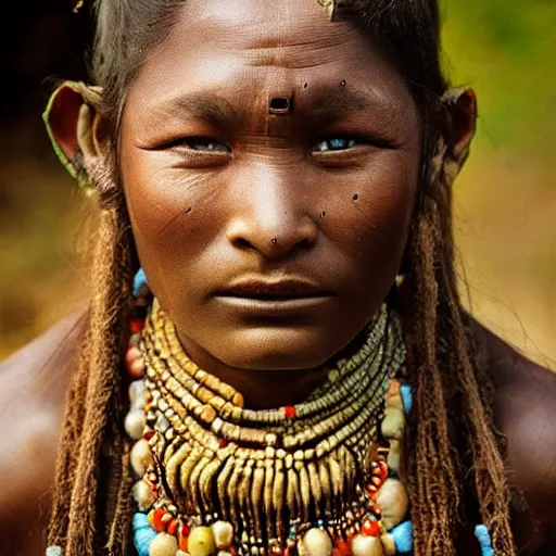Prompt: Extremely detailed photo realistic portrait of an ancient tribe human dressed in ritual costume in a photo realistic mattepaint background, photography by Annie Leibovitz and Steve McCurry