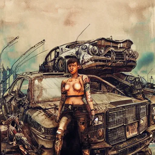 Prompt: mad max the road warrior by abandoned steelworks, grime and grunge, in the style of adrian ghenie, esao andrews, jenny saville,, surrealism, dark art by james jean, takato yamamoto