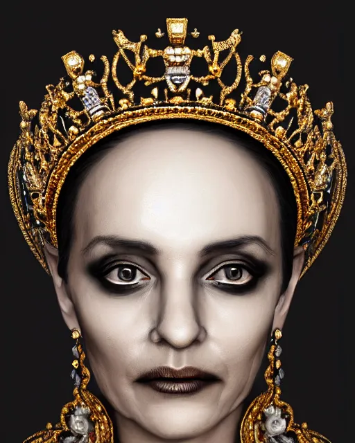 Prompt: realistic portrait of a queen of bones, dark, gold, silver ornaments, facing camera, photo realistic, detailed, 1 4 5 0, delicate, hyper realism, ultra realistic, 8 k