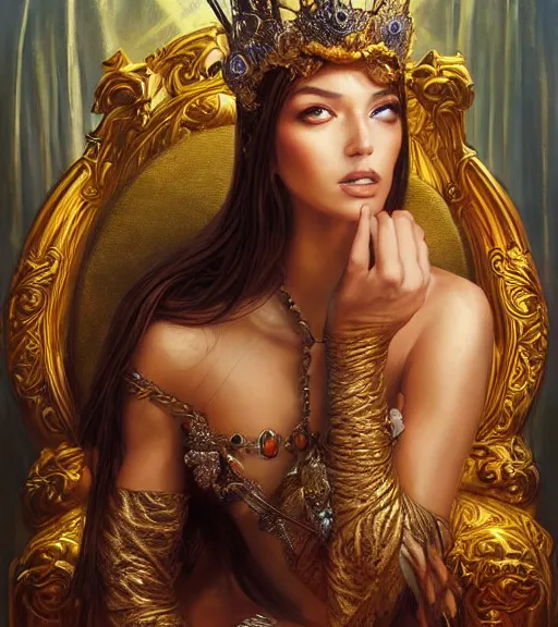 Prompt: a highly detailed painting of a female fantasy queen sitting on a throne, beautiful face, piercing eyes, art by artgerm, karol bak and mark brooks and greg hildebrandt, centered