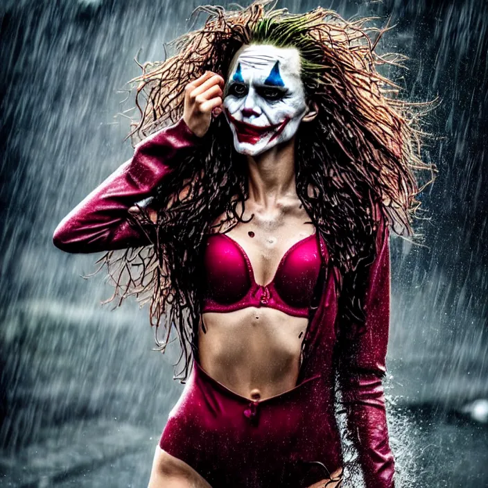 Image similar to fully body pose, photo of a very beautiful!! victoria secret model, the joker, wet hair, raining, 8 k, hdr, smooth, sharp focus, high resolution, award - winning photo, trending on artstation, dslr, 5 0 mm