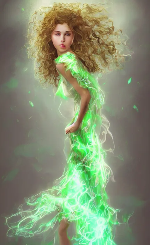 Image similar to a young woman with wild, curly hair and bright green eyes. she's wearing a flowing dress made of light, airy fabric and she has a mischievous look on her face, dynamic lighting, photorealistic fantasy concept art, trending on art station, stunning visuals, creative, cinematic, ultra detailed