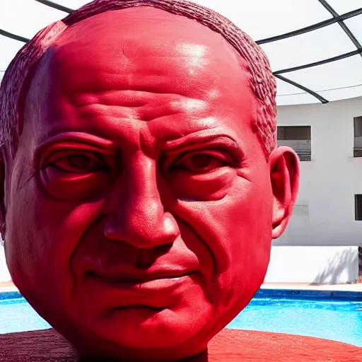 Image similar to a giant benjamin netanyahu sculpture made out of juicy red jelly on water surface, long shot, hyper detailed, hyper realistic, ray tracing, 8 k resolution, sharp focus, realistic water, award winning