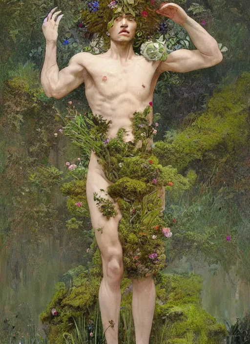 Image similar to a man made of moss and flowers, full body view, beautiful high quality realistic fantasy art, trending on artstation by artgerm and greg rutkowski and alphonse mucha