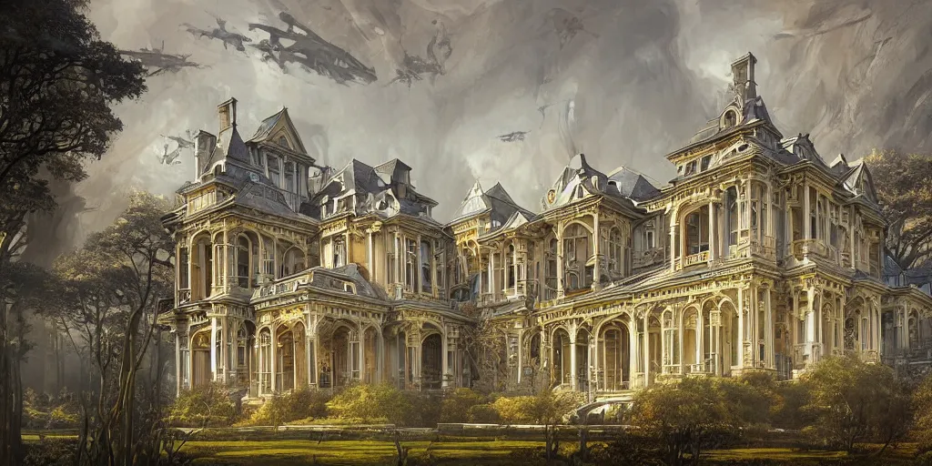 Prompt: a geometrically accurate painting of a late Victorian mansion designed by Joseph Paxton, illustration by Peter Mohrbacher and Peter Gric