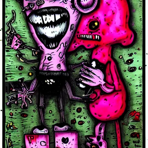 Image similar to dark art cartoon grunge drawing of a pink teddy bear playing with toys with bloody eyes by tim burton - loony toons style, horror theme, detailed, elegant, intricate, trending on art station
