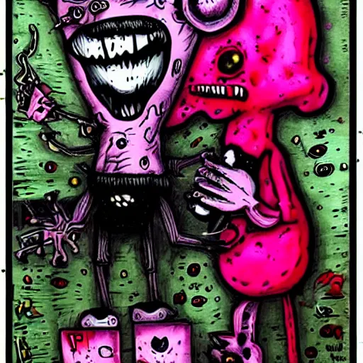 Prompt: dark art cartoon grunge drawing of a pink teddy bear playing with toys with bloody eyes by tim burton - loony toons style, horror theme, detailed, elegant, intricate, trending on art station