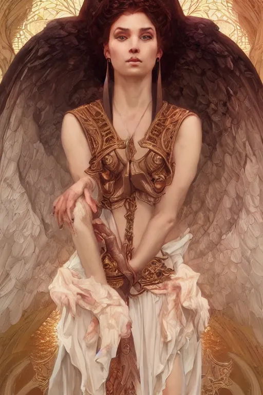 Prompt: portrait of an angelic demon, gates of hell and heaven, godlike, full body, fantasy, intricate, elegant, highly detailed, digital painting, artstation, concept art, sharp focus, illustration, art by artgerm and greg rutkowski and alphonse mucha and ross tran