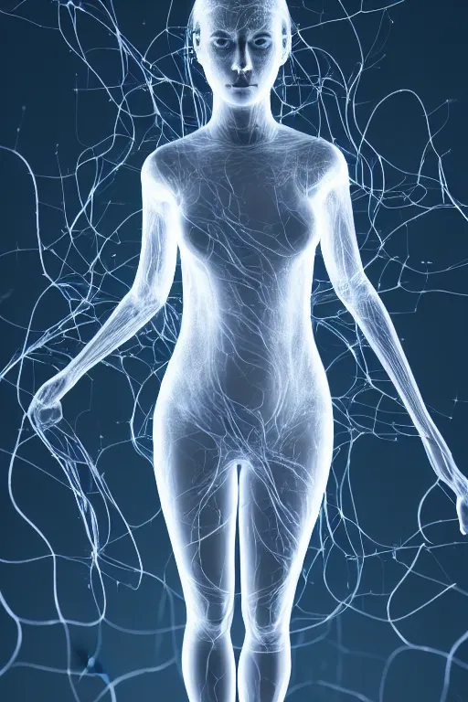 Image similar to a mesh female form composed of dark neurons and veins, see - through, subsurface illumination, cinematic, octane rander, photograph, 3 d, detail, character concept, portrait, dramatic volumetric lighting,