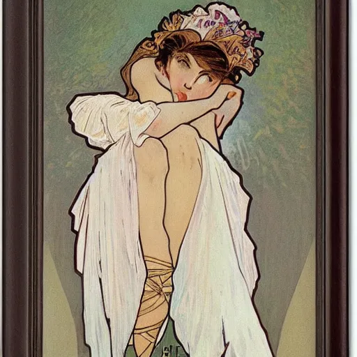 Image similar to ballerina, painted by alphonse mucha