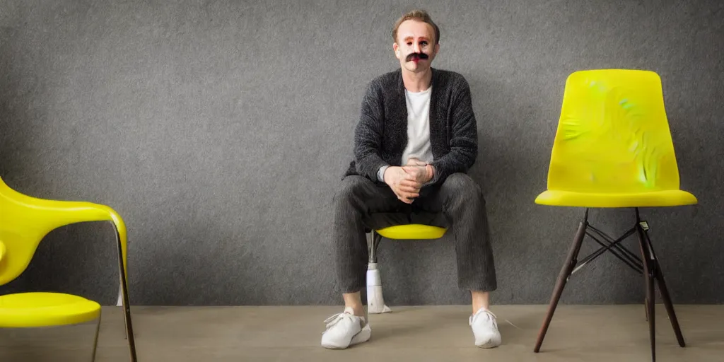 Prompt: french white man with puffy hair, mustache and a green sitting on a black chair in his room looking at the camera, photorealistic, webcam, yellow lightning