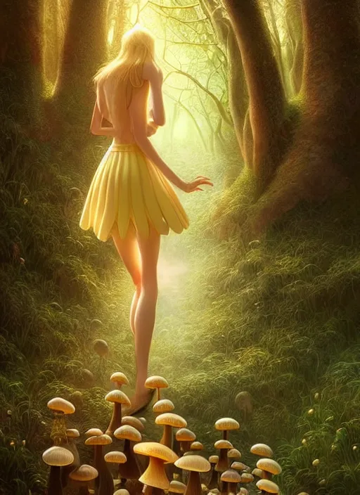 Image similar to young woman walking in short skirt : : magic forest mushrooms nature : : weta disney pixar movie still photo : : decadent highly - detailed digital painting, full length shot, golden ratio, octane render, artstation, smooth, sharp focus, artgerm, mucha, loish, wlop, gogo