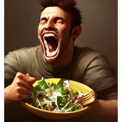 Prompt: an illustration of a young man eating salad and laughing,hyperdetailed,detailed face,art by greg rutkowski,trevor henderson,artstation,deviantart