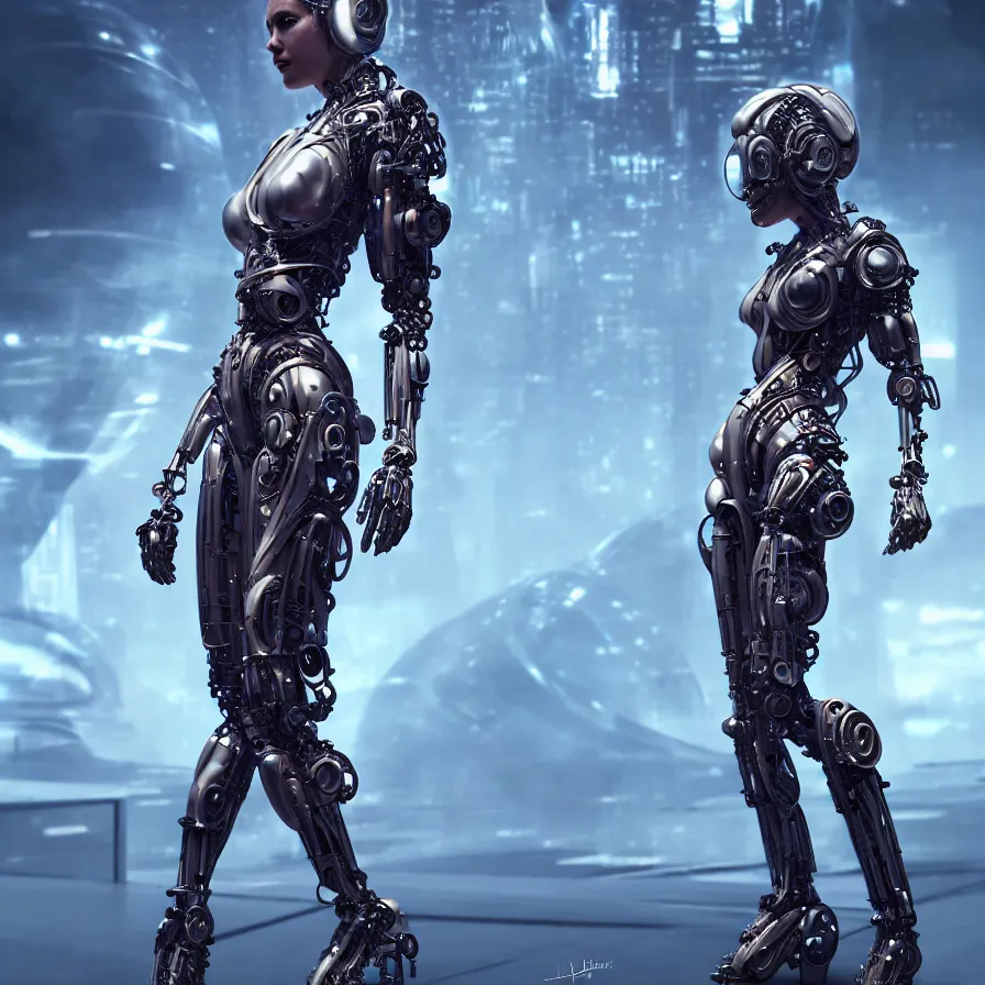 Image similar to full lenght shot, super hero pose, woman in biomechanical dress, inflateble shapes, wearing epic bionic cyborg implants, masterpiece, intricate, biopunk futuristic wardrobe, highly detailed, artstation, concept art, background galaxy, cyberpunk, octane render