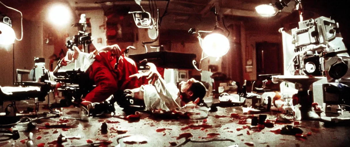 Image similar to filmic extreme wide shot dutch angle movie still 35mm film color photograph of a doctor operating on a soccer ball, blood splattering, in the style of The Thing 1982 horror film