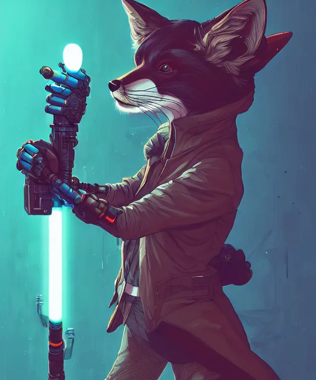 Prompt: a portrait of an anthropomorphic cyberpunk fox holding a light saber, fantasy, elegant, digital painting, artstation, concept art, matte, sharp focus, illustration, art by josan gonzalez