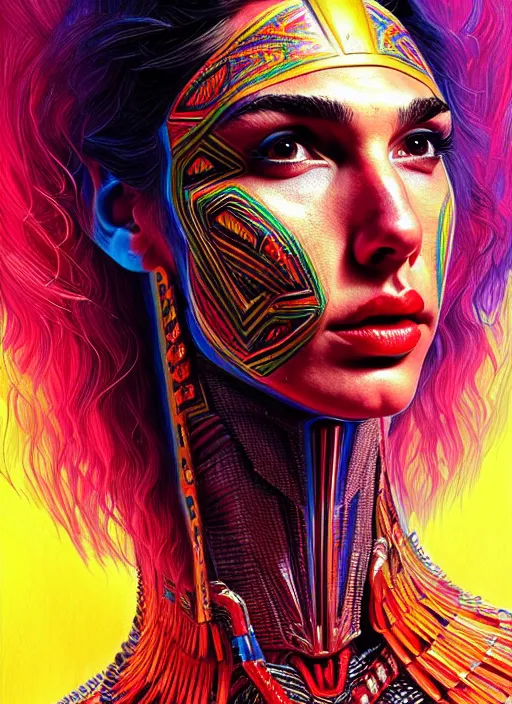 Image similar to portrait of gal gadot, hyper detailed ultra sharp aztec shaman warrior. trending on artstation, warpaint aesthetic, bloodwave, colorful, psychedelic, ornate, intricate, digital painting, concept art, smooth, sharp focus, illustration, art by artgerm and greg rutkowski and h. r. giger, 8 k