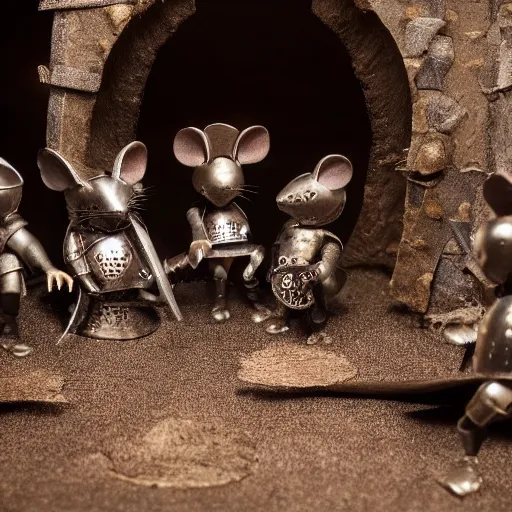 Image similar to photo of a diorama of mice in medieval battle armor, studio lighting, nikon lens, black background