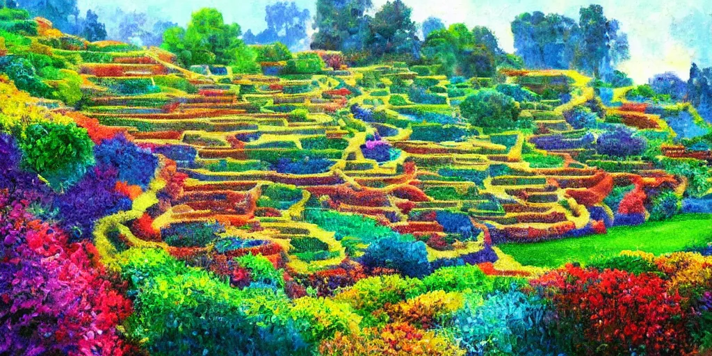 Image similar to painting of terraced gardens, beautiful, colorful, fantasy