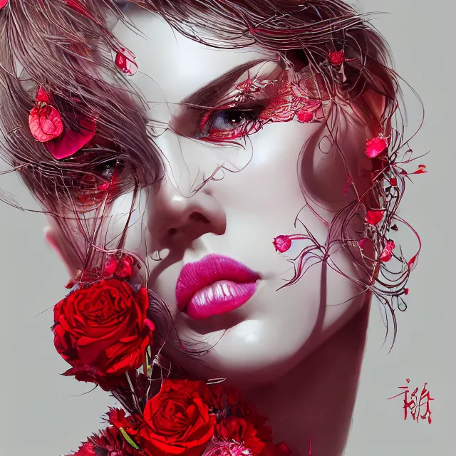 Image similar to studio portrait of an absurdly beautiful, elegant, young hypercolorful sensual gravure idol rubies and red petals, ultrafine hyperrealistic detailed face illustration by kim jung gi, irakli nadar, intricate linework, sharp focus, bright colors, matte, octopath traveler, final fantasy, unreal engine highly rendered, global illumination, radiant light, intricate environment