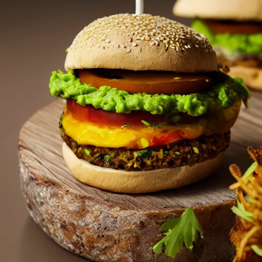 Prompt: vegan hamburger with guacamole topping and crispy fried onion topping and a fried egg topping, crispy buns, 8 k resolution, professional food photography, studio lighting, sharp focus, hyper - detailed