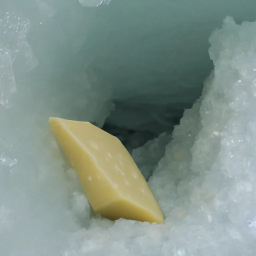 Prompt: cheese inside an ice cavern, 33mm photograph