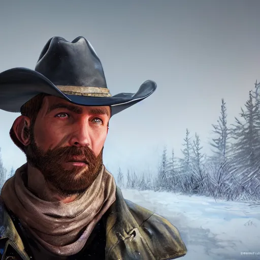 Image similar to A comic book style portrait painting of a male ranger with cowboy hat in a a post apocalyptic winter landscape, unreal 5, DAZ, hyperrealistic, octane render, RPG portrait, ambient light, dynamic lighting