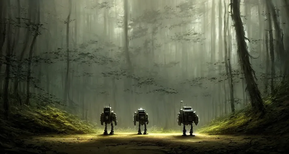 Image similar to hyper realistic sci - fi matte concept art painting of battlemech walking through a forest, beautiful details, strong composition painted by kim jung guweta studio rutkowski, james gurney and greg rutkowski, and lucasfilm, smooth, intricate, detailed, sharp focus, cinematic