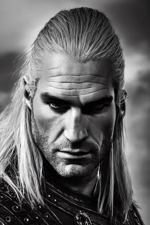 Image similar to portrait of geralt of rivia, 5 5 mm lens, professional photograph, serious, stern look