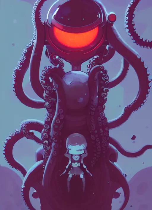 Image similar to portrait of cute octopus tentacle space girl with glowing red eyes, warhammer, cyberpunk by atey ghailan, by greg rutkowski, by greg tocchini, by james gilleard, by joe gb fenton, by in kaethe butcher, dynamic lighting, gradient light blue, brown, blonde cream and white color in scheme, grunge aesthetic, black background