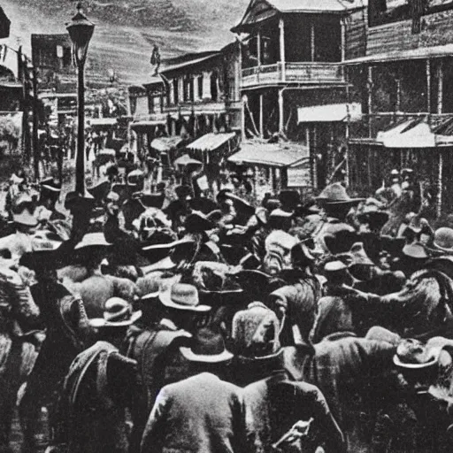 Image similar to flood on Wild West town, crowd cowboy at high noon, 1890 hyperrealistic