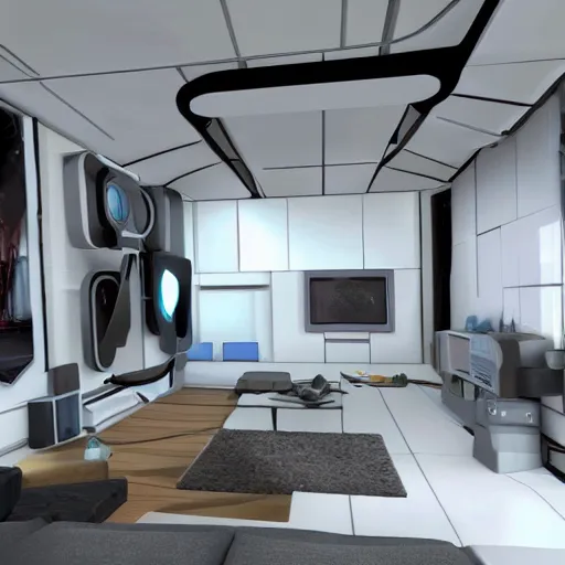 Image similar to Portal 2 style living room, futuristic