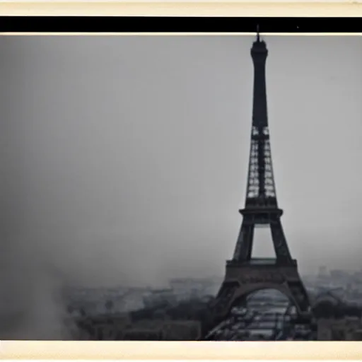 Image similar to extensive smoke rising from the top of the eiffel tower, aerial view, several police cars and crowds running across the ground, polaroid, 6 0's, hyperrealism, no blur, 4 k resolution, ultra detailed