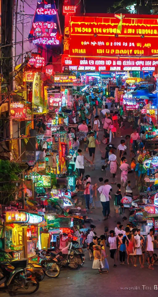 Image similar to New Saigon on Red Mars entertainment district street scene with lovers vendors and neon signed buildings. People are taking their fun seriously by Tsuchiya Koitsu