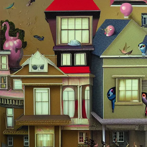 Image similar to anamorphic birds walking past a house, lowbrow surrealistic, in the style of Mark Ryden,