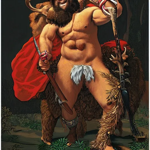 Image similar to hairy barbarian with moose head by mw kaluta and kehinde wiley