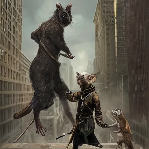 Prompt: Stunning Hyperealistic portrait of Giant Dishonored enormous furry rats roaming the city of new York.