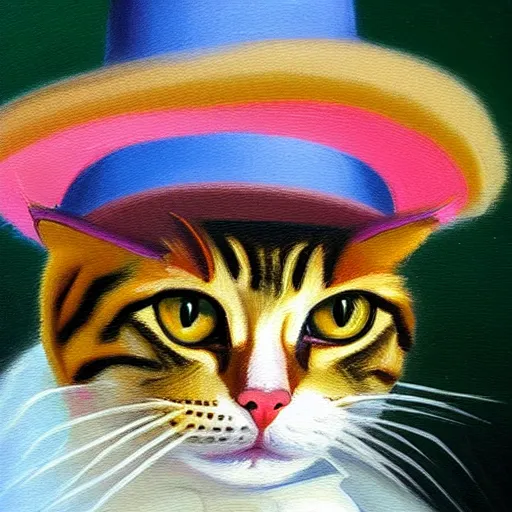 Prompt: a cat in a hat, oil painting, highly detailed