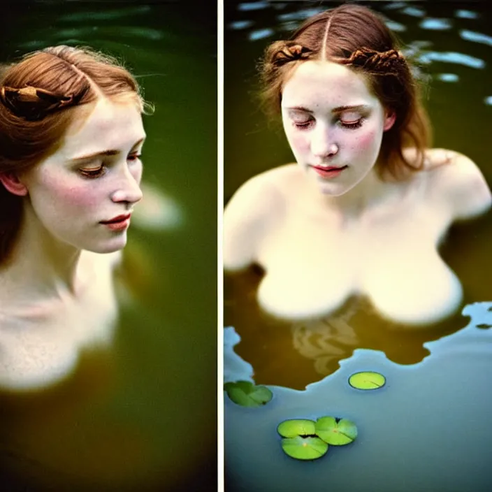 Prompt: Kodak Portra 400, 8K, soft light, volumetric lighting, highly detailed, britt marling style 3/4 ,view from above of close-up portrait photo of a beautiful woman how pre-Raphaelites painter, above water, part of the face is emerging of a pond with water lilies, , she has a beautiful lace dress and hair are intricate with highly detailed realistic beautiful flowers , Realistic, Refined, Highly Detailed, natural outdoor soft pastel lighting colors scheme, outdoor fine art photography, Hyper realistic, photo realistic,warm lighting,