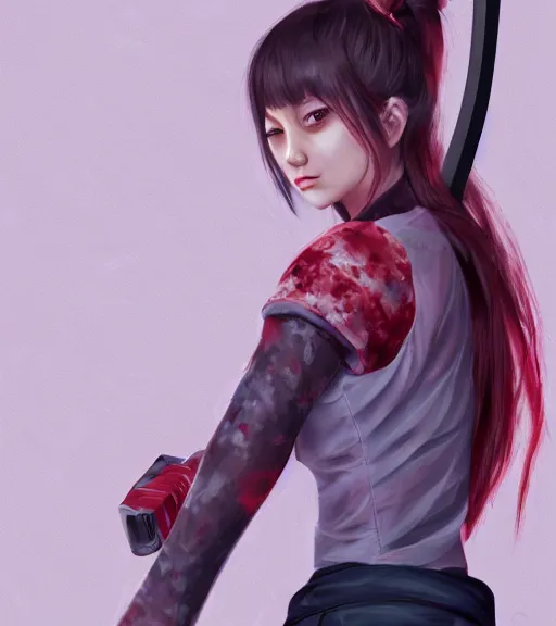 Image similar to a girl holding a katana, ponytail, highly detailed, digital painting, artstation, concept art, smooth, sharp focus, kunoichi, illustration, style of chainsaw man