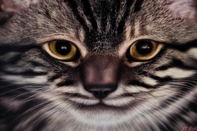 Image similar to A dark, brooding oil painting of a snarling kitten, close-up, high-quality, professional, dramatic lighting, extremely high detail, trending on artstation