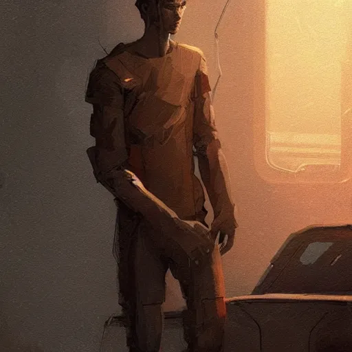 Image similar to concept art by greg rutkowski, very tall and slender young man waking up in a hospital bed, futuristic and high - tech setting but desolate and dimly lit, scifi, highly detailed portrait, digital painting, artstation, concept art, smooth, sharp foccus ilustration, artstation hq