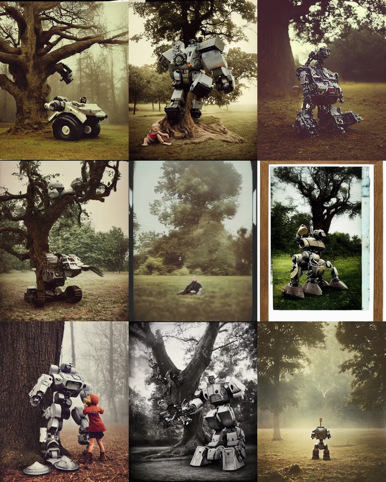 Prompt: giant oversized battle pose robot mech as giant baby on a village, broken oak tree, Cinematic focus, Polaroid photo, vintage, neutral colors, soft lights, foggy, by Steve Hanks, by Serov Valentin, by lisa yuskavage, by Andrei Tarkovsky