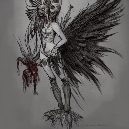 Prompt: rotten bird spirit harpy angel with a beautiful face and flaming mouth and eyes + mushrooms + fungi + lichen + sketch lines + graphite texture + old parchment + guillermo del toro concept art + justin gerard monsters, intricate ink illustration